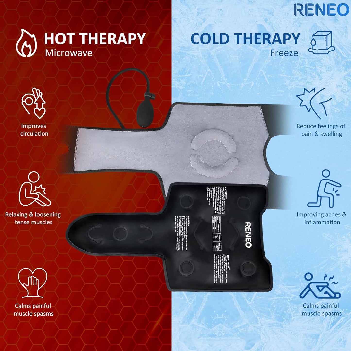 RENEO Compression Knee Ice Pack Wrap with Air Pump, Adjustable Knee Brace with Cold Packs Reusable, Hot and Cold Therapy for Women Men, Post-workout Recovery