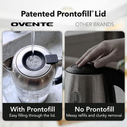 OVENTE 1.8L Glass Electric Kettle Water Boiler, Silver KG751S | 1500W Fast Boiling, Easy Fill Lid, Borosilicate Glass, BPA-Free, Blue LED, Auto Shut-Off, Boil-Dry Protection, Cordless