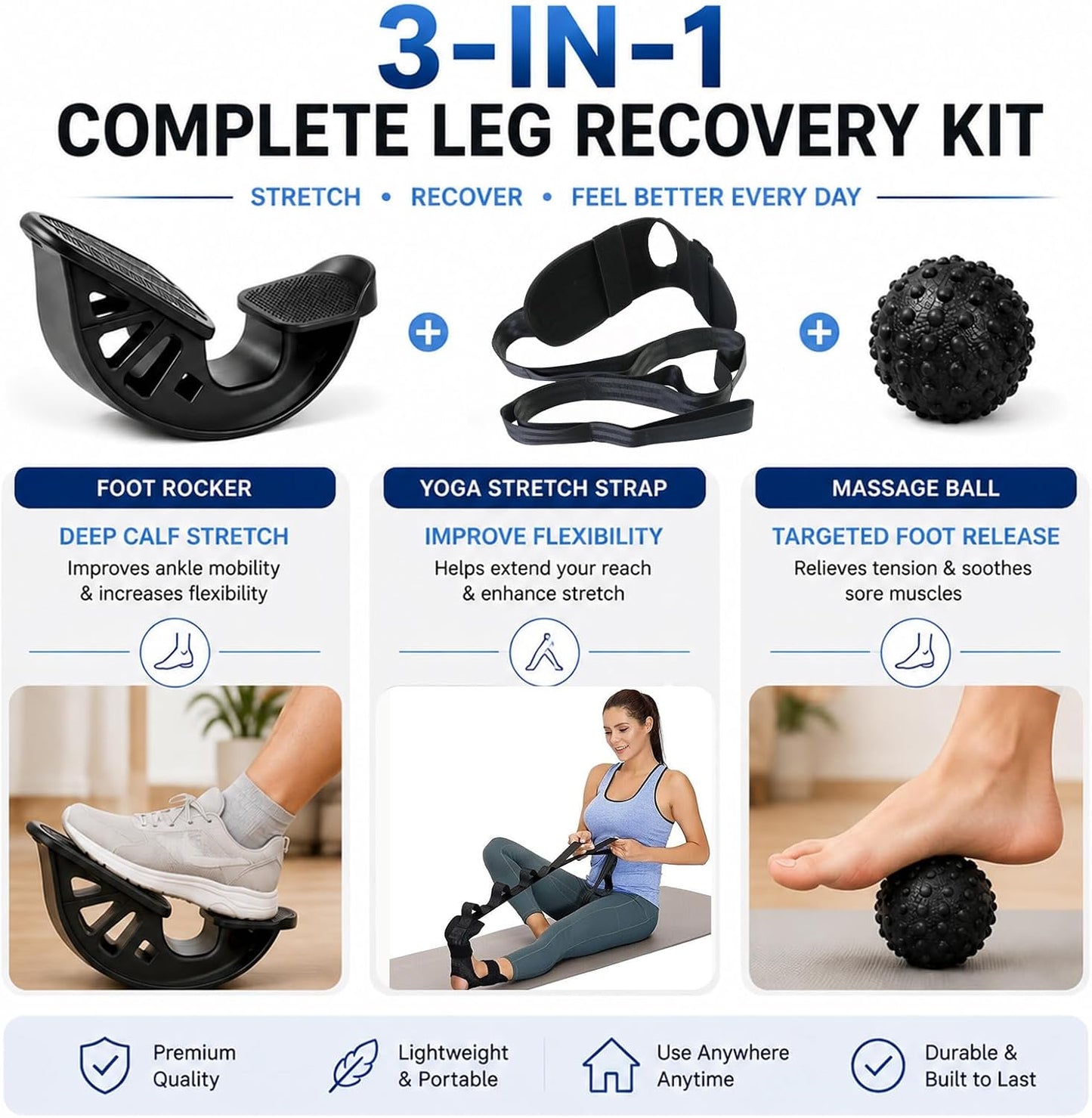 3-in-1 Calf Stretcher & Foot Rocker Kit, Portable Physical Therapy Tool with Leg Stretch Strap & Foot Massage Ball, Relief for Plantar Fasciitis, Achilles Tendonitis, Heel Pain, Yoga, Running