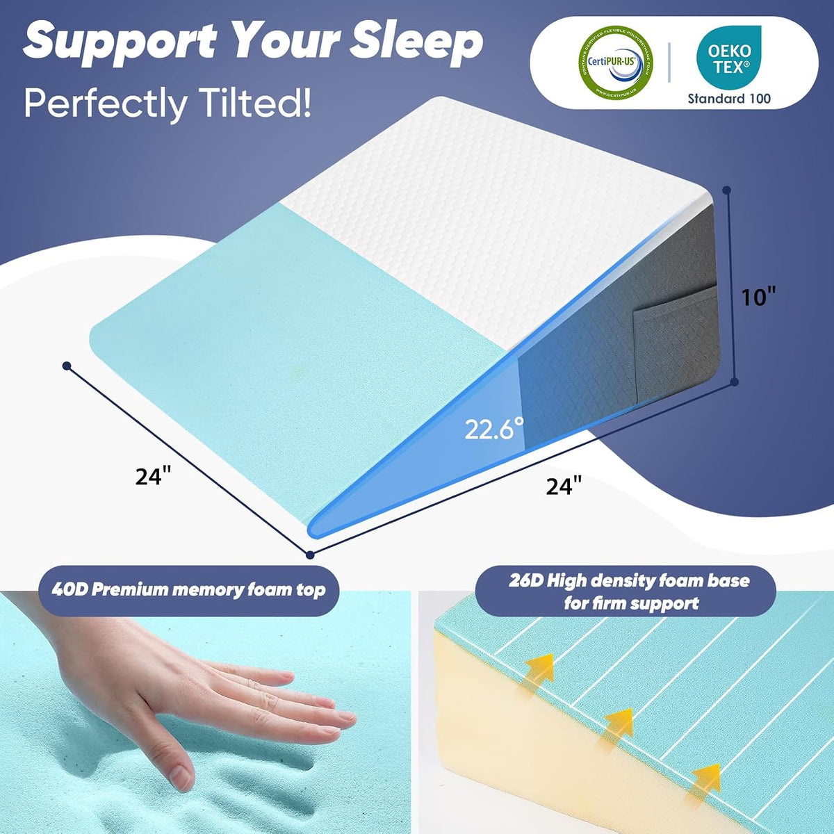 Bed Wedge Pillow for Sleeping & Resting, 8 inch Incline Pillow Wedge for Adults Seniors, Back Support and Leg Elevation, Cooling Memory Foam Top, Ideal for Couch, Bedroom & Living Room
