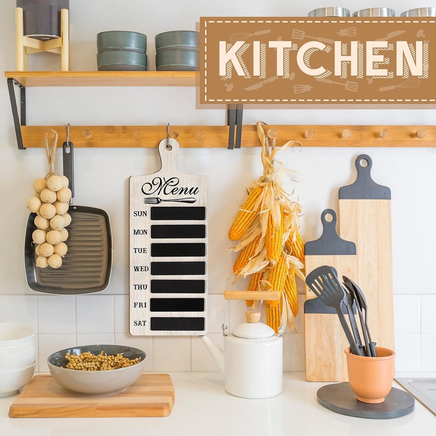 Weekly Menu Board Kitchen 16.5 x 6.3 Inches Wood Menu Planner Board with 7 Markers and Towel Kitchen Weekly Planner Plaque Wall Signs for Dinning Room Home Decor