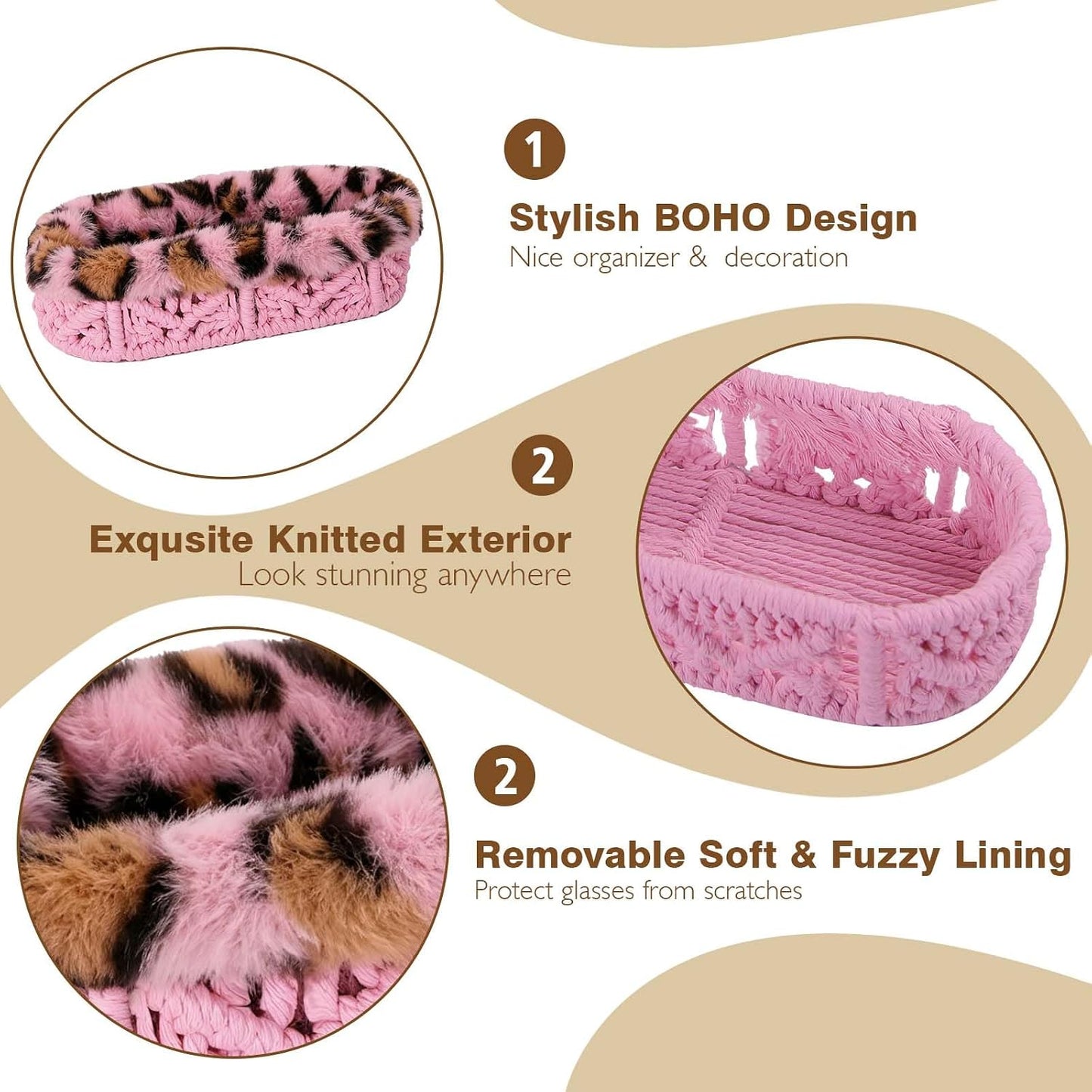 Plush Lined Eyeglass Holder Case for Nightstand | Anti-scratch Glasses Holder,Cotton Rope Eyeglass Stand Storage Organizer Tray for Office Desk
