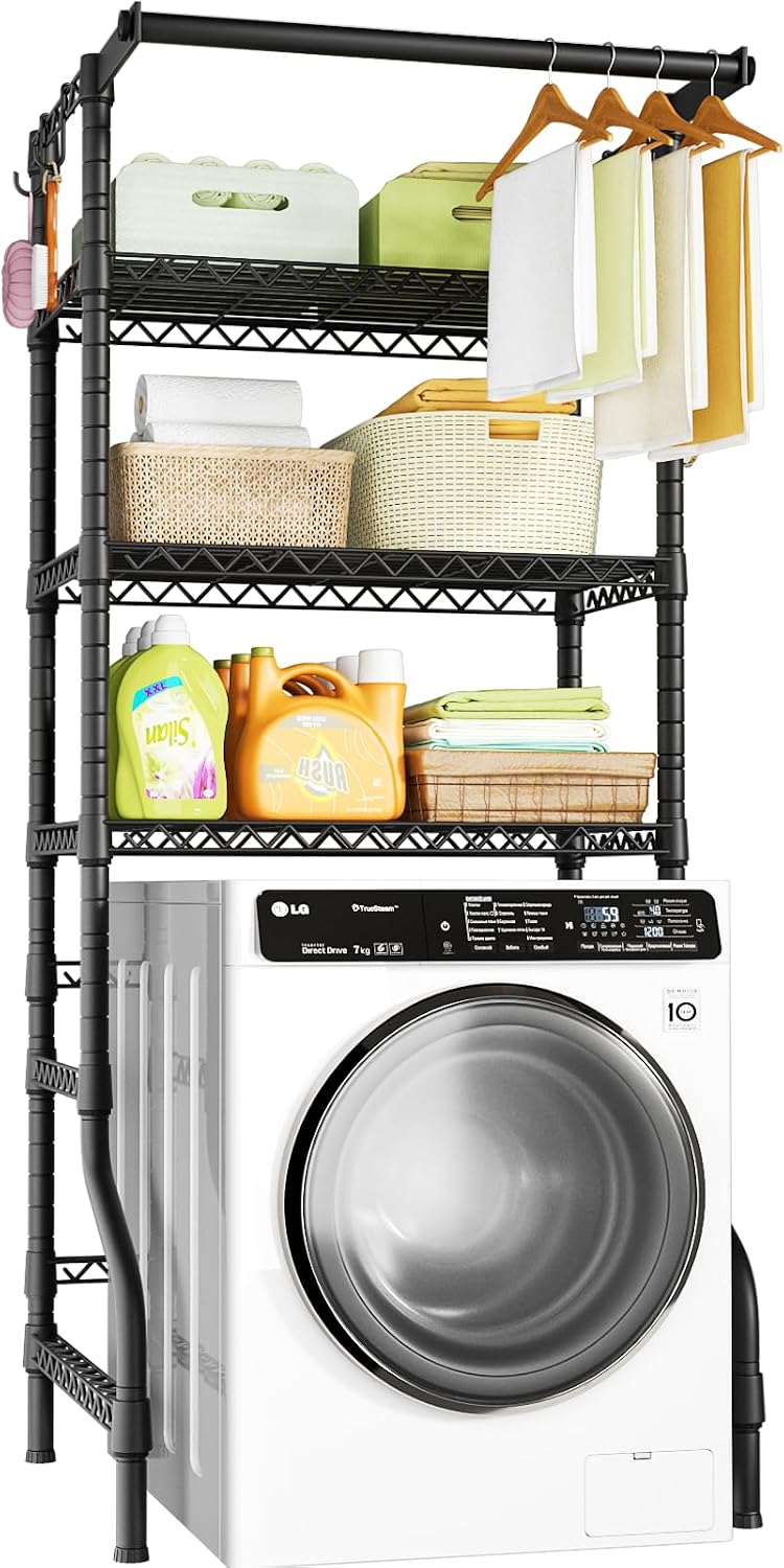 U11 Over Washer and Dryer Shelves, 3 Tiers Laundry Room Storage and Organizer Standing Shelf, Metal Freestanding Clothes Drying Rack, 33.9" W x 19.7" D x 77.6" H, Black