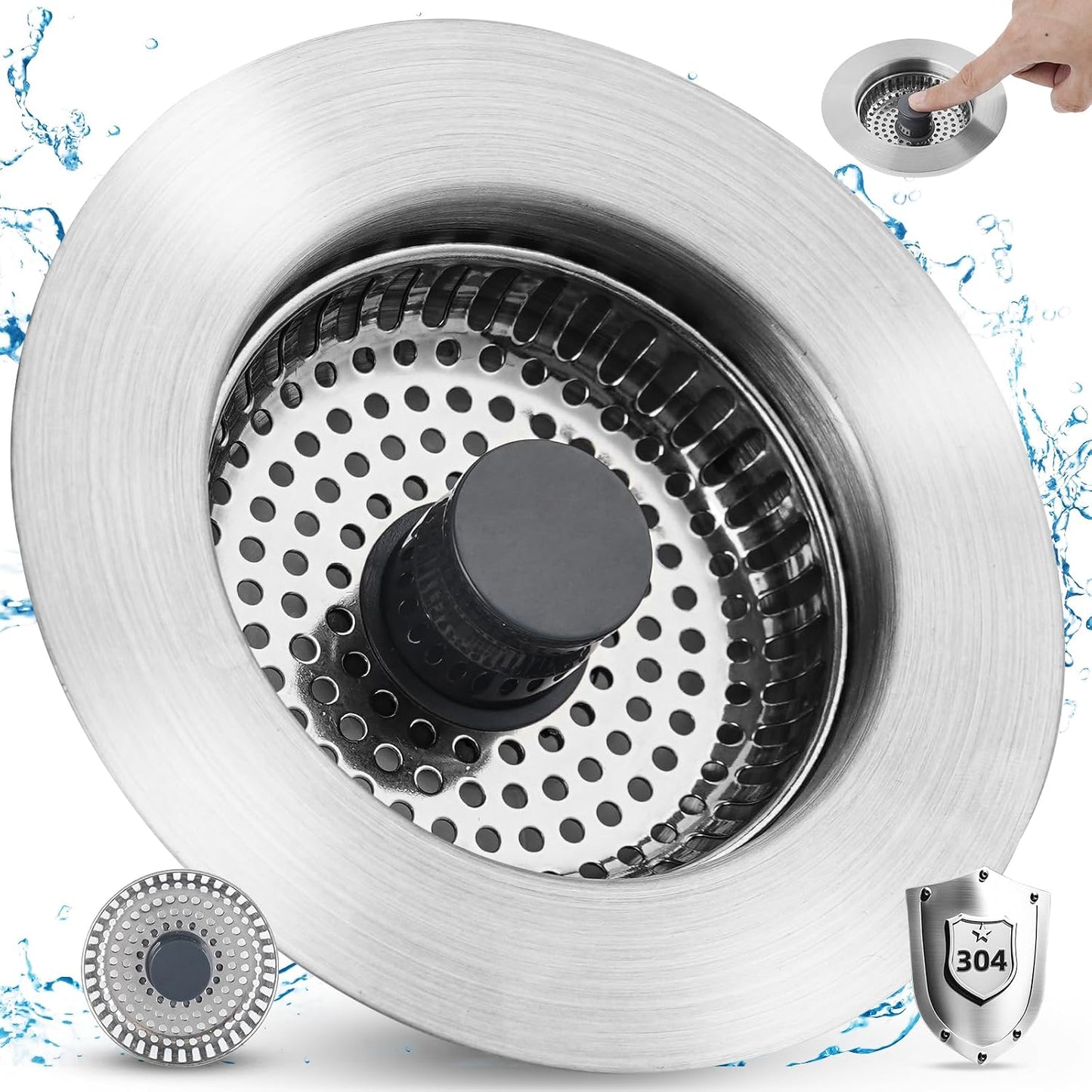 Universal 3 in 1 Kitchen Sink Drain Strainer Stopper Combo, Matte Black | Stainless Steel Shell Pop Up Sink Stopper for US Standard 3-1/2 inch Drain Filter, Anti-Clog and Easy Clean
