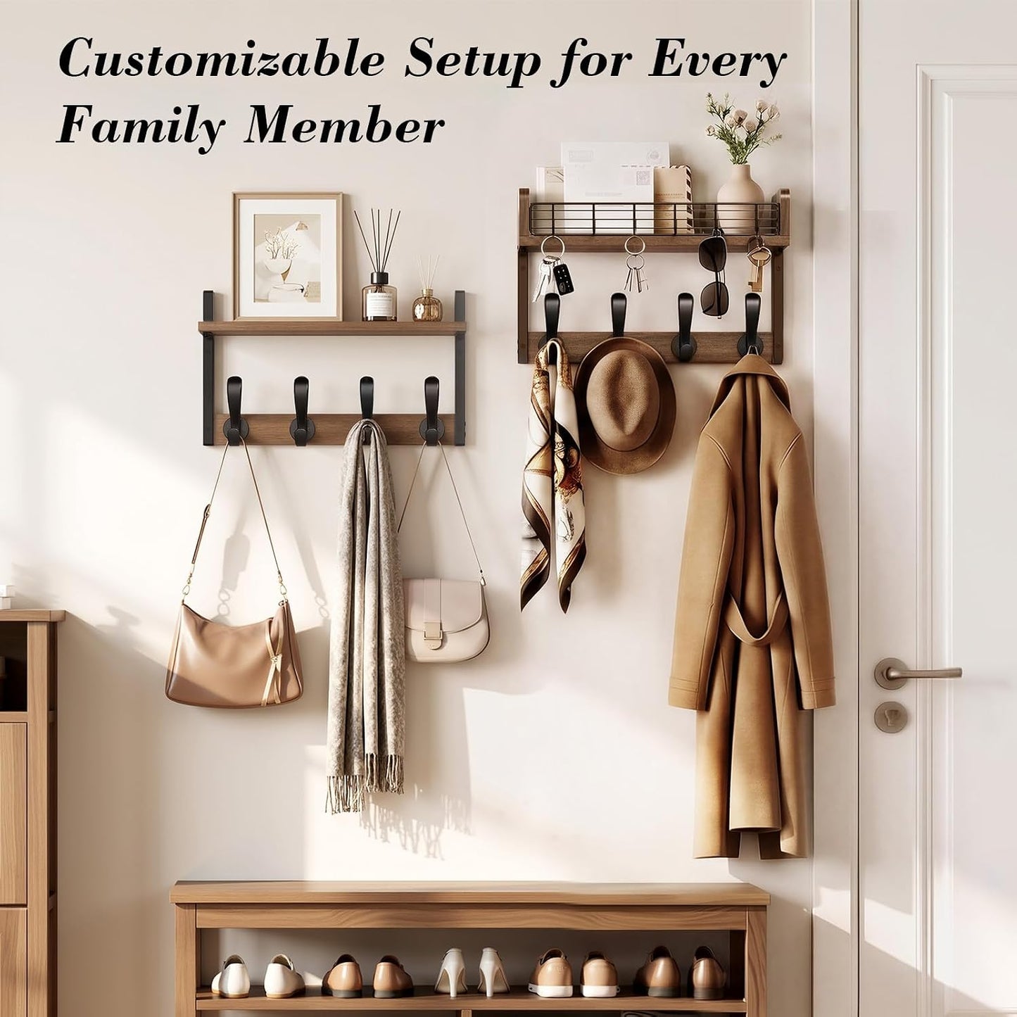 Delamu 29" Large Coat Rack Wall Mount with Shelf, 4 in 1 Shelf with 11 Hooks, Wooden Key and Mail Holder for Wall for Entryway, Living Room and Bedroom, Brown