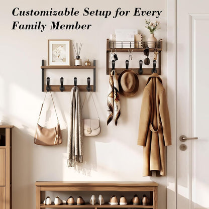 Delamu 29" Large Coat Rack Wall Mount with Shelf, 4 in 1 Shelf with 11 Hooks, Wooden Key and Mail Holder for Wall for Entryway, Living Room and Bedroom, Brown