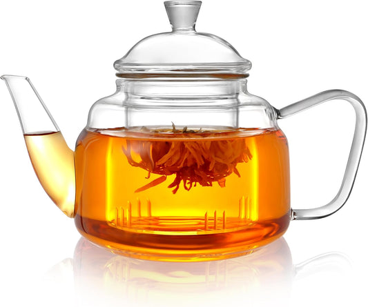 CNGLASS Glass Teapot with Removable Infuser,30.5oz Clear Tea Kettle with One Button Press to Filter the Tea Soup,Loose Leaf and Blooming Tea Maker