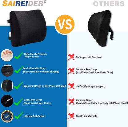 SAIREIDER Seat Cushion and Lumbar Support Pillow for Office Chair, Memory Foam Car Seat Cushions Back Support Pillows, Help Relieve Pain of Back, Lumbar, Tailbone and Sciatic Nerve（Black）