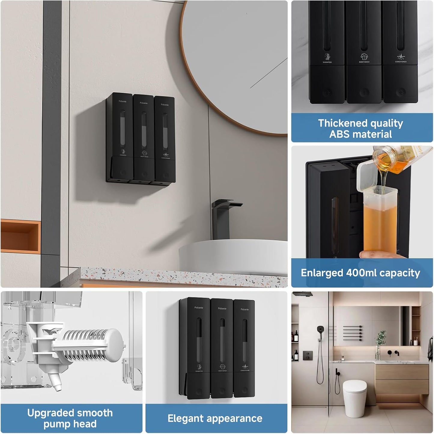 1984 Shower Soap Dispenser Bathroom Set Shampoo Conditioner Body Wash Dispenser Wall Mounted Shower Shampoo Dispenser 3 Chamber No Drill for Home Star Hotel 3 x 400ml Pink