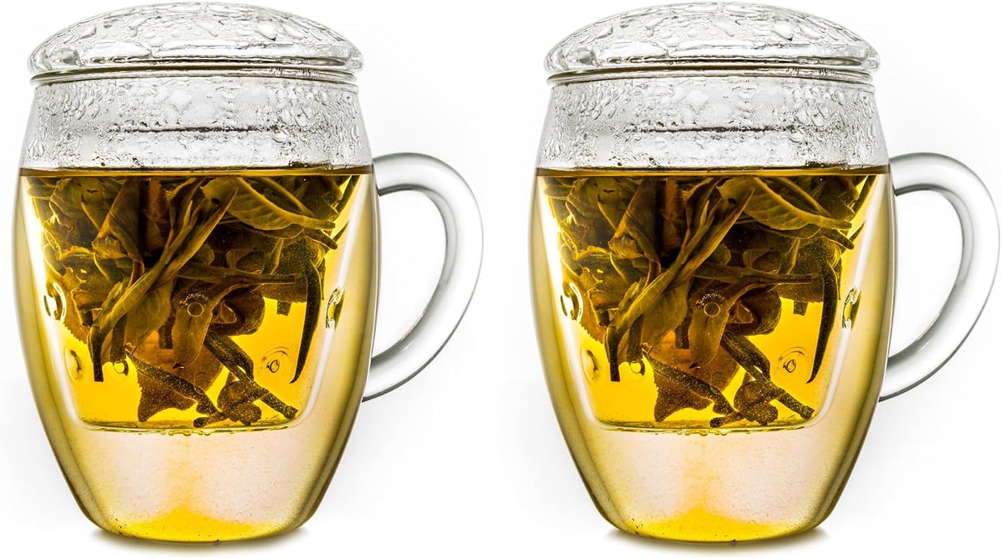 Creano Tea Glass with Infuser and Lid 400ml - Large Tea Cup - Microwave & Dishwasher Safe - Loose Leaf Tea Maker Gift Set