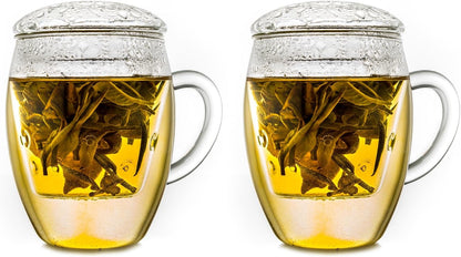 Creano Tea Glass with Infuser and Lid 400ml - Large Tea Cup - Microwave & Dishwasher Safe - Loose Leaf Tea Maker Gift Set