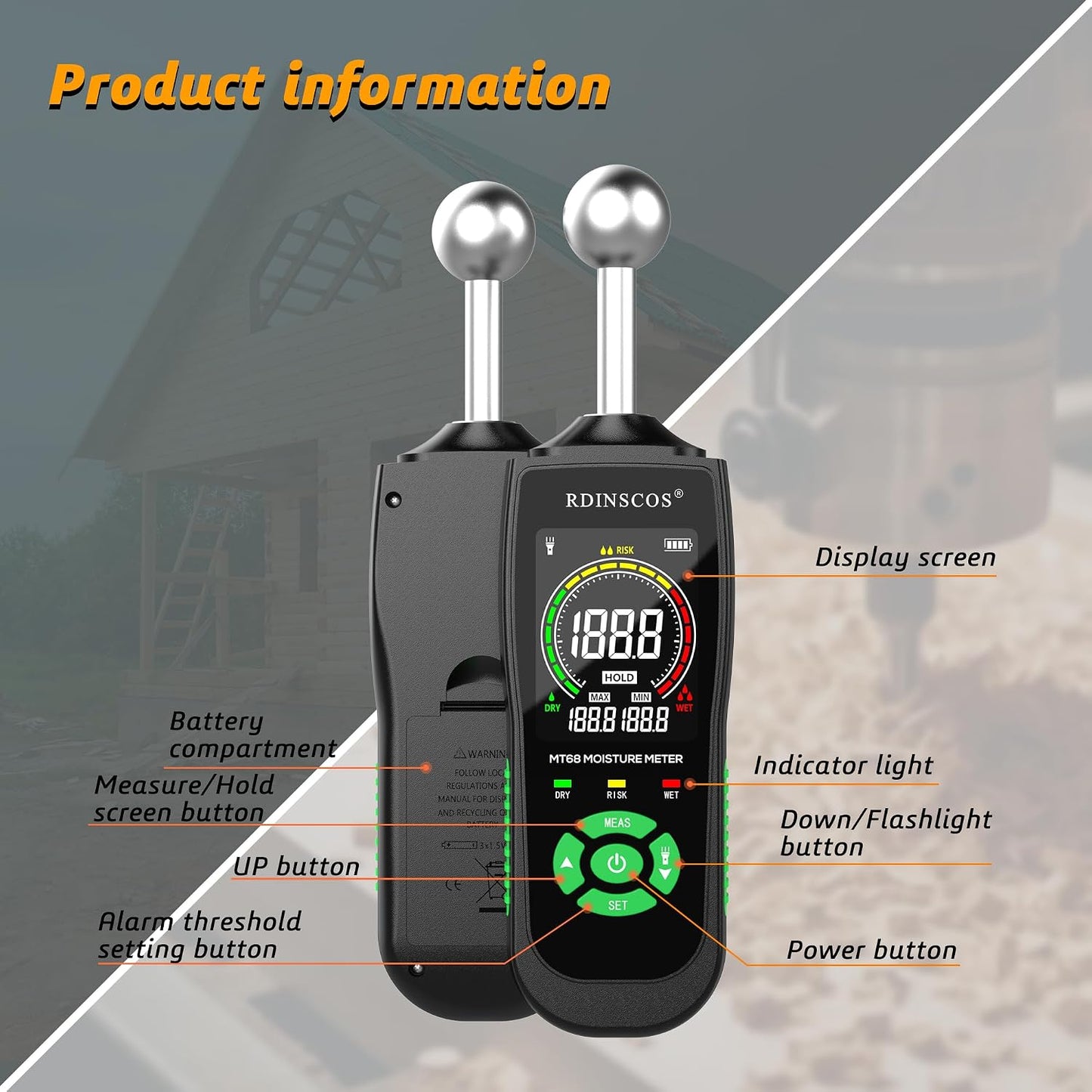 RDINSCOS Pinless Moisture Meter for Wood & Wall | Digital Moisture Detector, Flooding Detection, High Humidity Detection, For Walls, Floor, Masonry