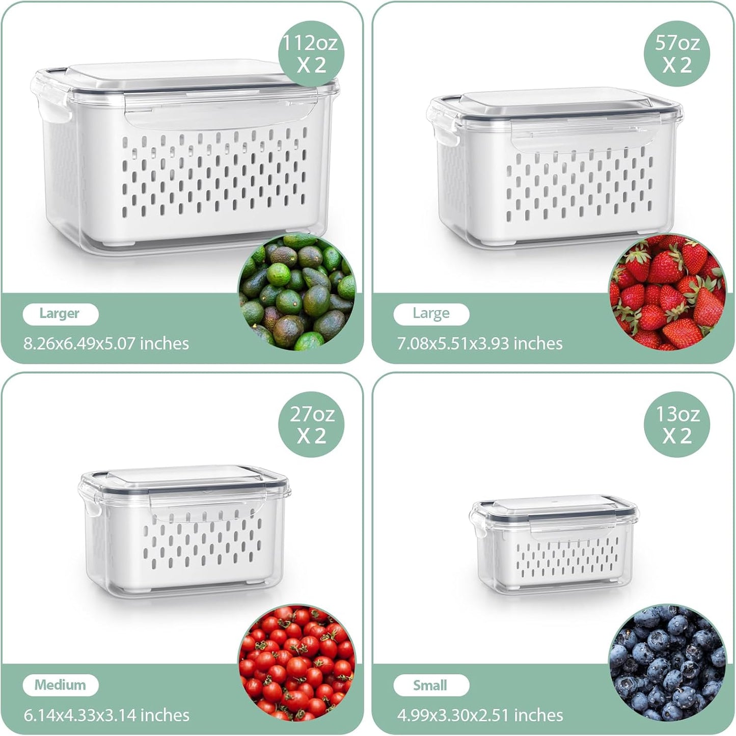 Anysig 8 Pack Fridge Fruit Storage Containers with Removable Colander | Fruit Containers for Fridge with 2 Function Divider Plate, Airtight Storage Container, Dishwasher Safe,Keep Berry Fruit Fresh