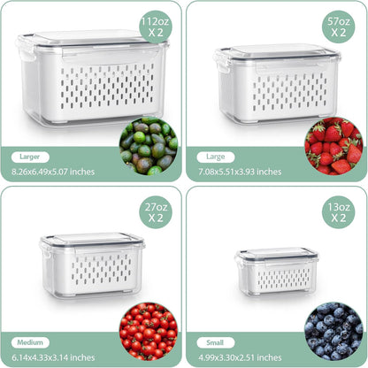 Anysig 8 Pack Fridge Fruit Storage Containers with Removable Colander | Fruit Containers for Fridge with 2 Function Divider Plate, Airtight Storage Container, Dishwasher Safe,Keep Berry Fruit Fresh