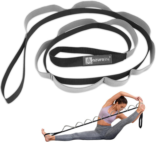 A AZURELIFE Half-Elastic Stretch Straps with 11 Loops, Stretching Strap for Physical Therapy, Multi-Loop Yoga Strap Fitness Exercise Strap for Yoga, Pilates, Dance, Flexibility&Exercise
