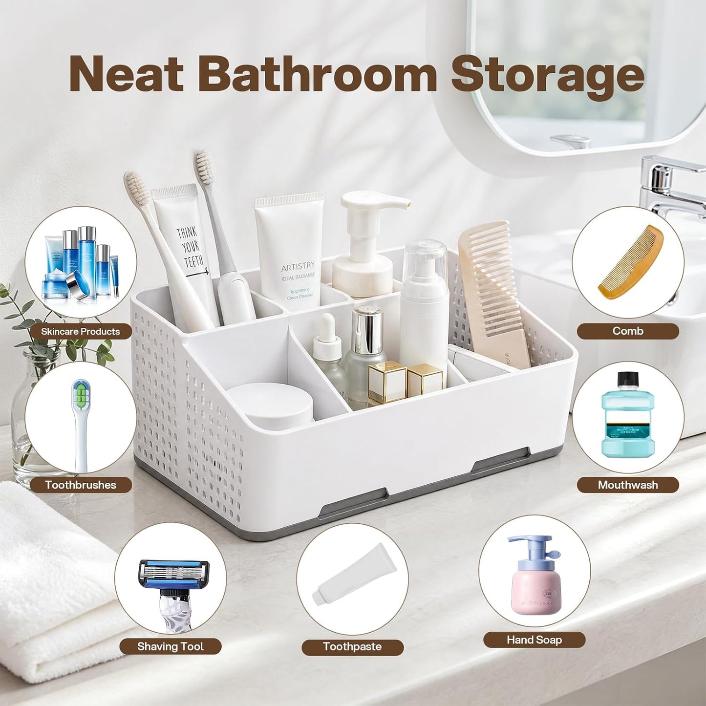 Cleangor Countertop Bathroom Organizer, Toothbrush Holder with Drainage | Vents, Cord Hole for Multi-grid Electric Toothbrush Charger, Family Bathroom Use