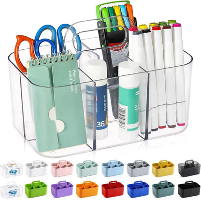 Multiuse Caddy Organizer with Handle, Portable Divided Plastic Tote Bin - Art Craft, Stationary Pen Marker Crayons, Makeup Hair Supplies Storage - Bathroom, Classroom, Dorm, Office, Desk Holder - Grey