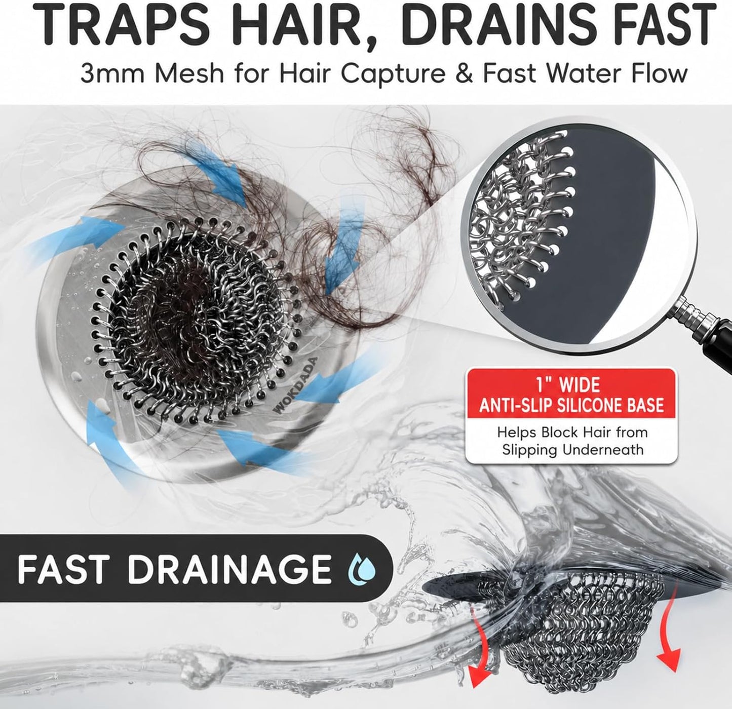 Shower Drain Hair Catcher, Patented Bathtub Drain Cover, Anti-Clog | Reversible Flip Clean, Fast Drainage, Anti-Slip Base, 304 Stainless Steel Chain Mail Mesh, 4.4" for Bathtub & Shower Drains
