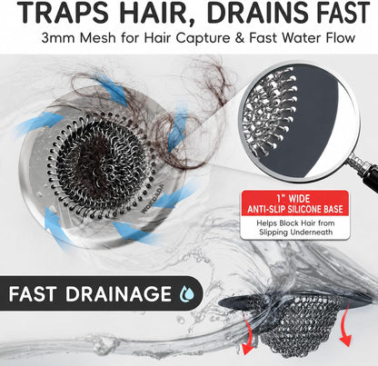 Shower Drain Hair Catcher, Patented Bathtub Drain Cover, Anti-Clog | Reversible Flip Clean, Fast Drainage, Anti-Slip Base, 304 Stainless Steel Chain Mail Mesh, 4.4" for Bathtub & Shower Drains