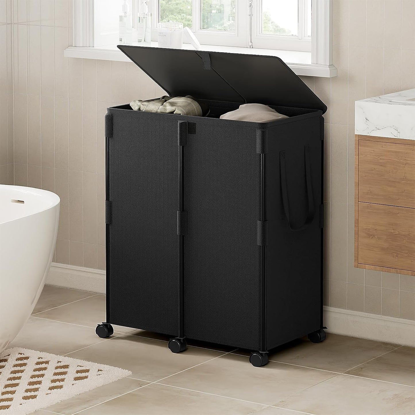 140L Double Laundry Hamper with Lid and 6 Wheels, Rolling Laundry Basket | Gasvadivum Metal Frame Laundry Sorter 2 Section with 2 Removable Bags, Large Clothes Cart for Bedroom, Bathroom, Black