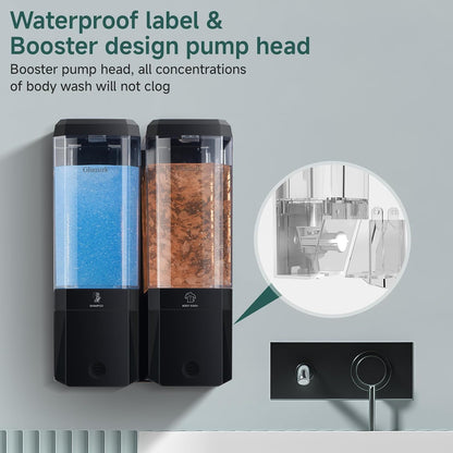 Shampoo and Conditioner Dispenser 3 Chamber No Drill Shampoo Dispenser for Shower Wall Mounted Shower Soap Dispenser 3 * 500ml Refillable Shower Dispenser for Bathroom Hotel(Black 3 Chamber)