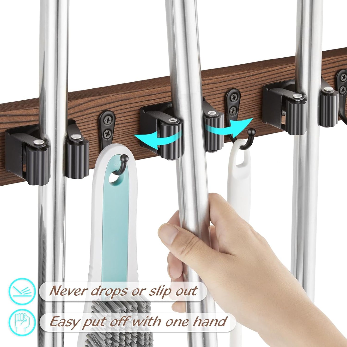 OUTNILI Mop and Broom Holder Wall Mount - Wood Broom Mop Hanger - Wall Mounted Garden Tool Rack Organizer for Closet Garage Laundry Room, Rustic Kitchen Decor With 4 Slots & 4 Hooks