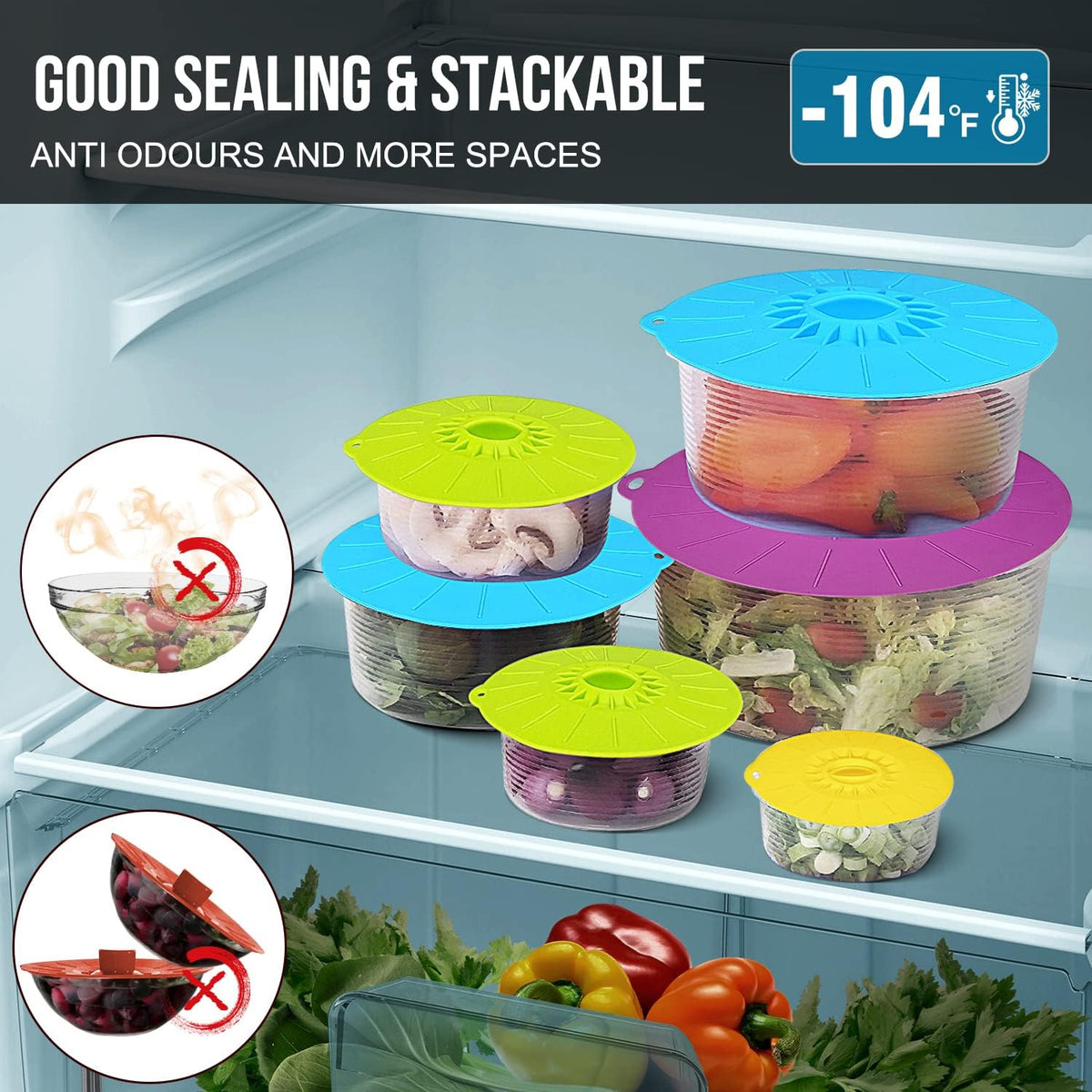 Silicone lids - 5 Pack Heat Resistant Microwave Splatter Cover, Reusable silicone Suction lids for food storage Fits Bowls, Cups, Skillets, Plates, Pots, Pans StoveTop, Oven, Fridge Safe