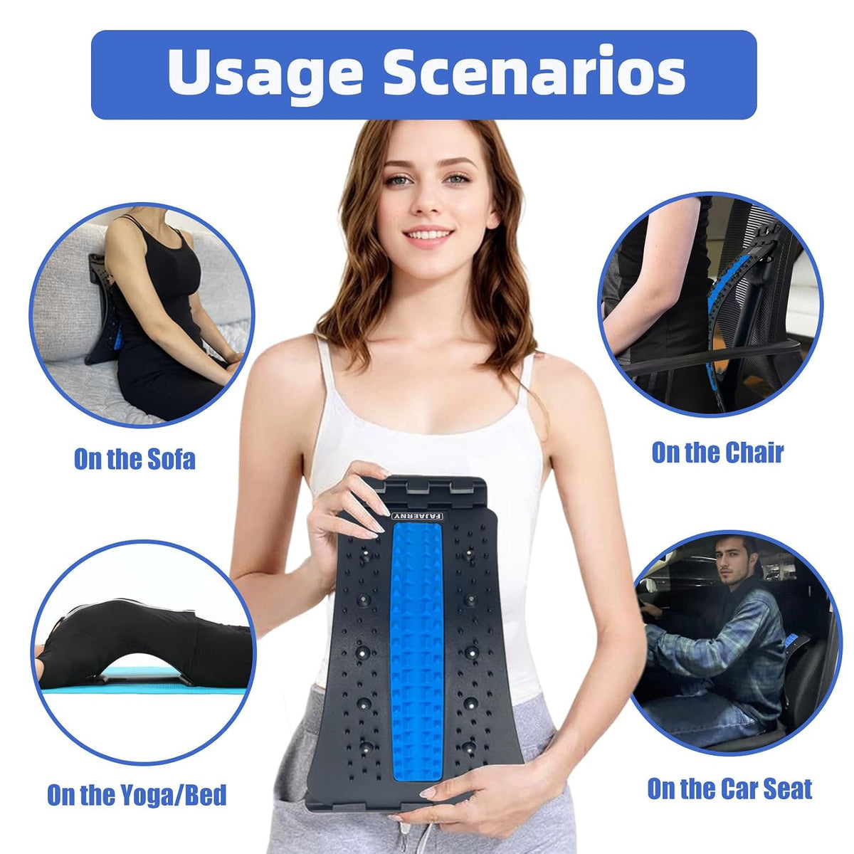 Back Stretcher, 3-Level Adjustable Lumbar Support with 84 Massage Points and 10 Magnetic Nodes, Back Cracker for Posture Care and Muscle Relaxation, NBR Pad & Silicone Pad (Blue)