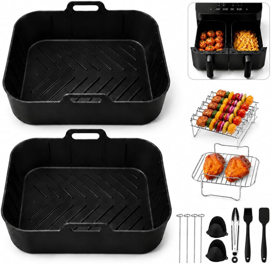 Silicone Air Fryer Liners, 2 Silicone Air Fryer Liners & Accessories | Compatible with NinjaDZ201, DZ401, DZ550 & Most 8QT-10QT Dual Basket Air Fryers, Air Fryer Liners Reusable, BPA-Free Nonstick
