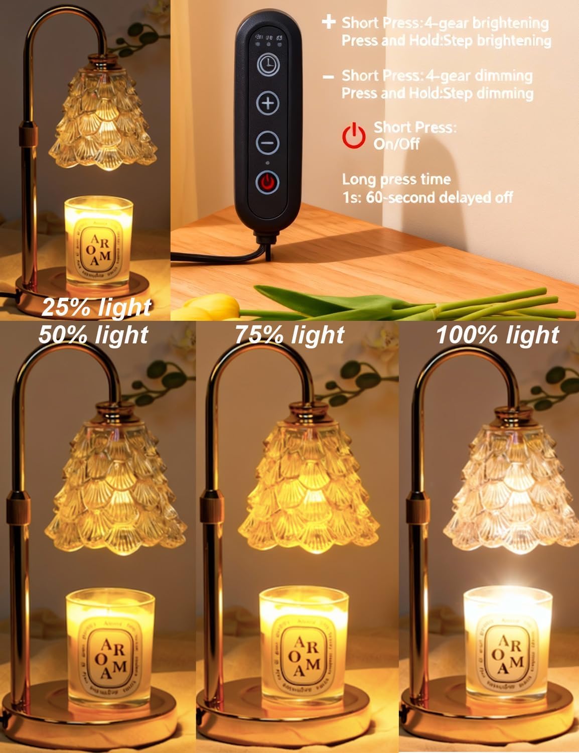 Candle Warmer Lamp, Flower Glass Candle Lamp with Timer, Birthday Gifts for Mom Women, Dimmable Height Adjustable Home Gifts, Home Decor for Home Bedroom Office Fragrance (Green Flower)