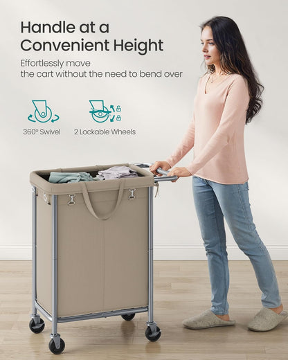 SONGMICS Laundry Basket with Wheels, 4-Section Rolling Laundry Hamper, 68.6 Gallons (260 L), Removable Liner, Steel Frame with Handle, 43.3 x 15.4 x 31.9 Inches, Cream White URLS014W01