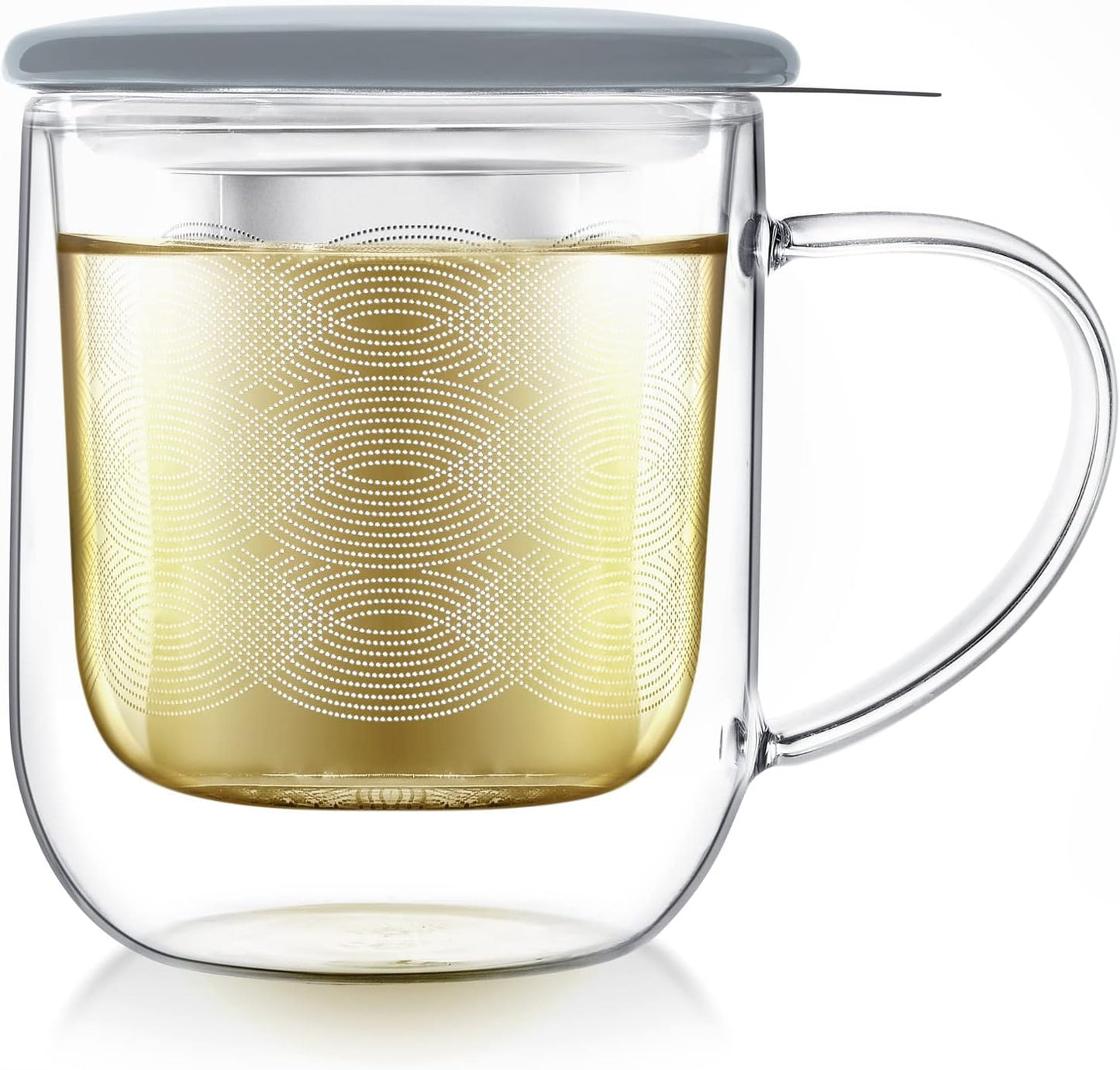 Teabloom Tea-For-One Steeping Mug – Insulated Double Wall Glass Mug (12 oz), Stainless Steel Infuser, Porcelain Lid/Coaster – Great For Brewing Loose Leaf Tea