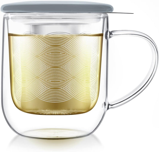 Teabloom Tea-For-One Steeping Mug – Insulated Double Wall Glass Mug (12 oz), Stainless Steel Infuser, Porcelain Lid/Coaster – Great For Brewing Loose Leaf Tea
