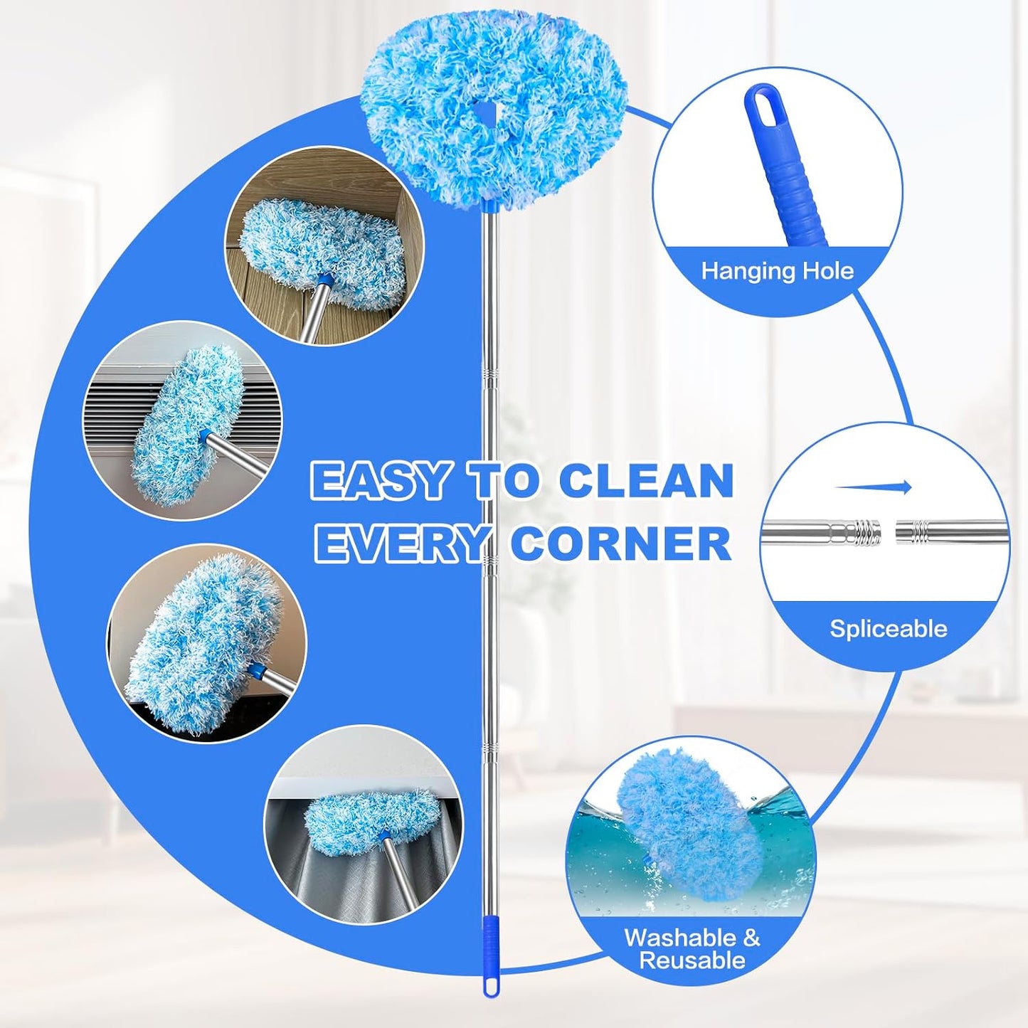 Ceiling Fan Cleaner Duster Reusable Microfiber Ceiling Fan Blade Cleaner Removable Duster with Extension Pole Adjusts 13 to 49.7 Inch for Cleaning Walls Bookshelves Furniture Door Window Top (Blue)