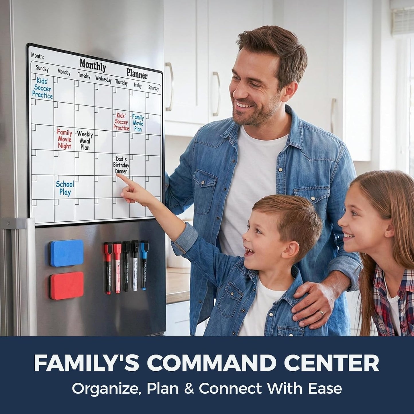 Magnetic Dry Erase Calendar for Refrigerator - 11"x8" Compact Fridge Whiteboard with 6 Markers & 2 Erasers, Weekly Planner, Sunday Start