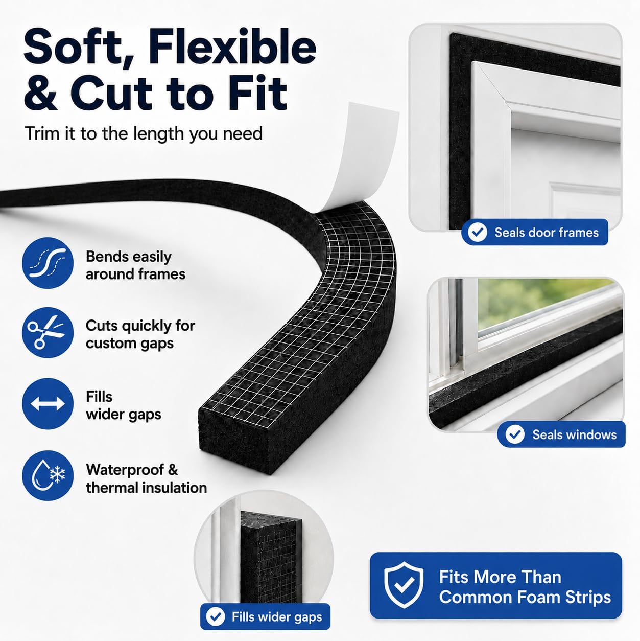 33FT EVA Foam Weather Stripping Door Seal, Self-Adhesive Weatherstrip AC Foam Tape for Door Frame, Window Gaps, Soundproof Insulation