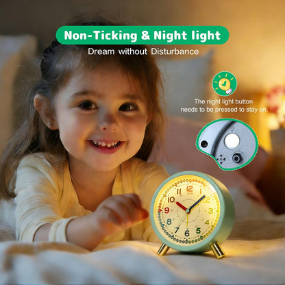 Kids Alarm Clock, Silent Non-Ticking, Analog Learning Clock for School Beginners, Stylish Round Metal Clock, Easy to Read, Battery Operated, Loud Ringing Back to School Gifts