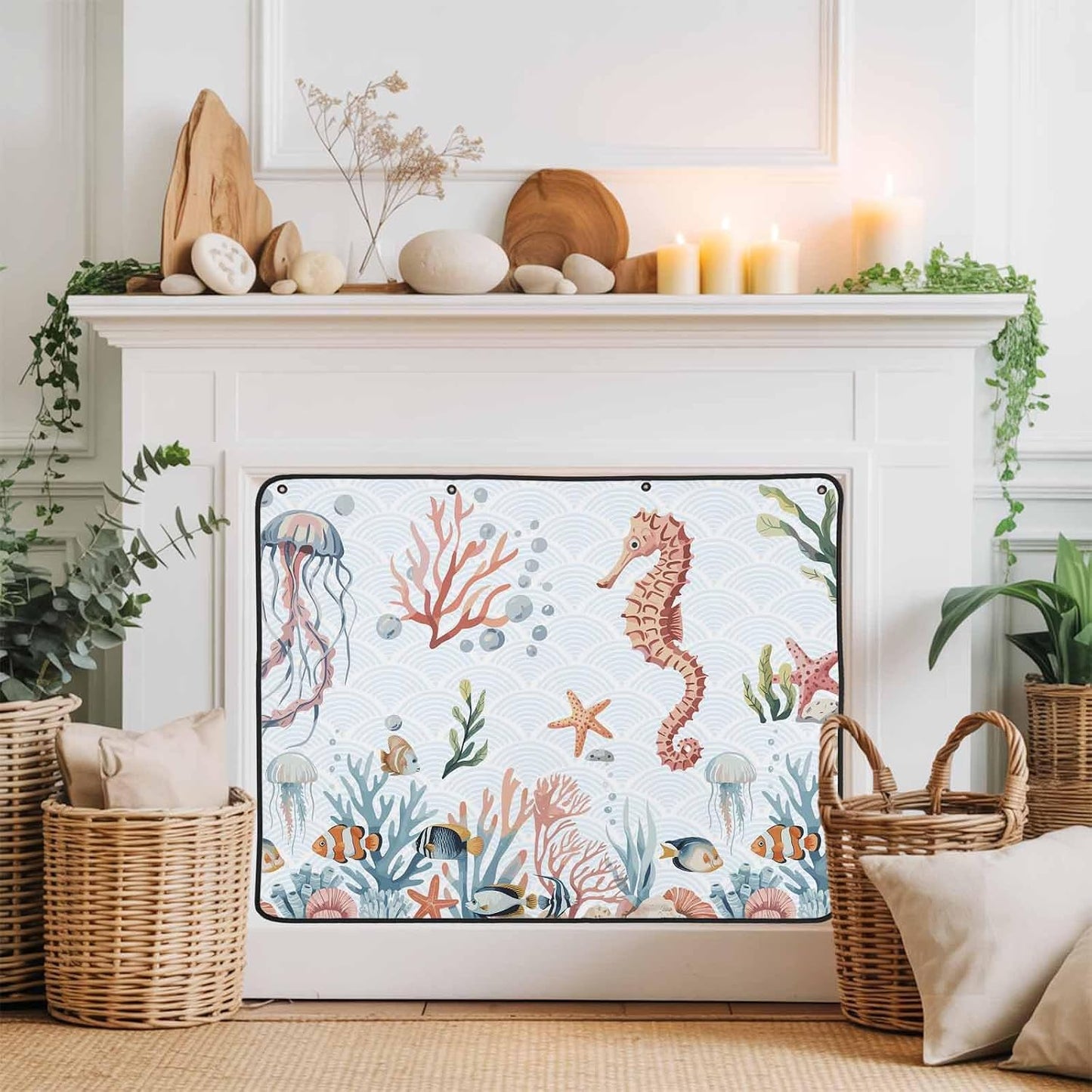 Magnetic Fireplace Cover Turtle Coral Starfish Fireplace Screen Decorative Shell Ocean Marine Life Insulation Fireplace Blocker Save Energy Fireplace Draft Stopper Covers for Living Room 39x32 Inch