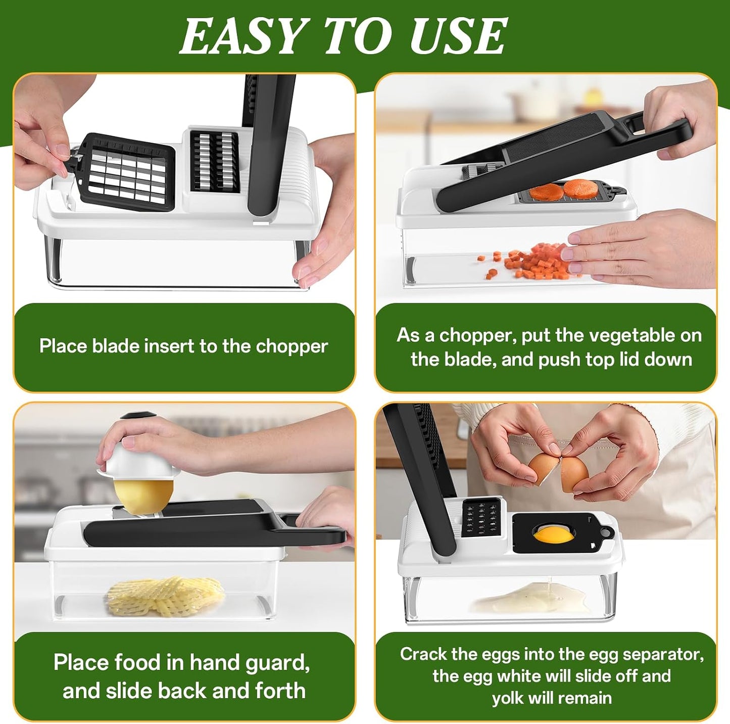 HomeHacks Vegetable Chopper Vegetable Cutter, 12 in 1 Kitchen Gadget, Dicer, Slicer, Onion Cutter, Salad, Cheese Grater & Egg Separator - Multi-Functional Veggie Chopper Lid with Handle (Green)
