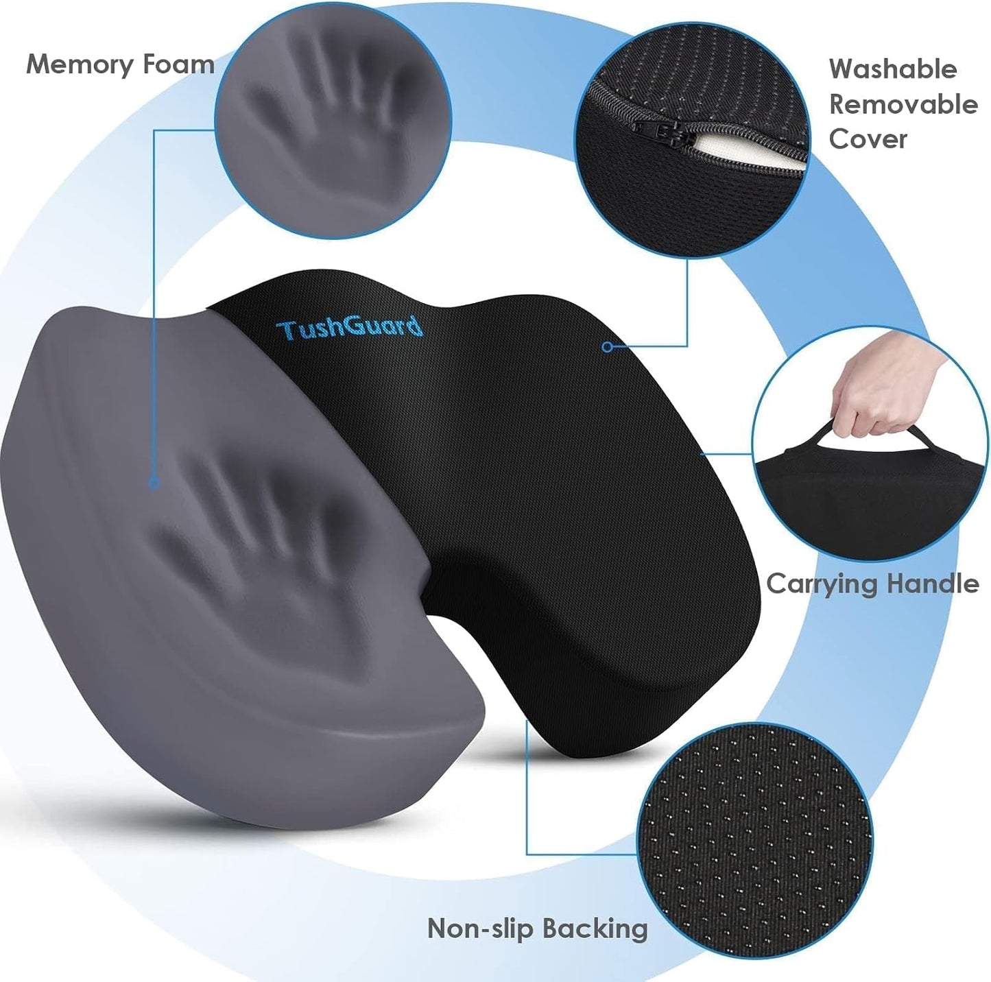 TushGuard Seat Cushion for Office Chair, Car, Memory Foam, Black Large | For Back, Coccyx, Sciatica, Tailbone Pain, Ergonomic Design, Non-Slip, Desk Wheelchair Use, Supportive Butt Pillow, For Man