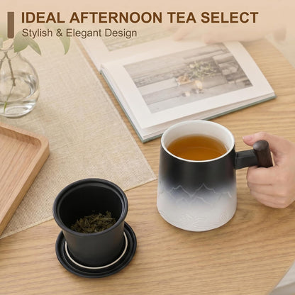 Tea Cup with Infuser and Lid, 14oz Ceramic Loose Leaf Tea Steeper Cup with Wood Handle and Cup Lid, Blue, Black | 14oz Ceramic Tea Mug with Lid, Loose Leaf Tea Steeper Cup with Wood Handle for Tea Lovers Gifts
