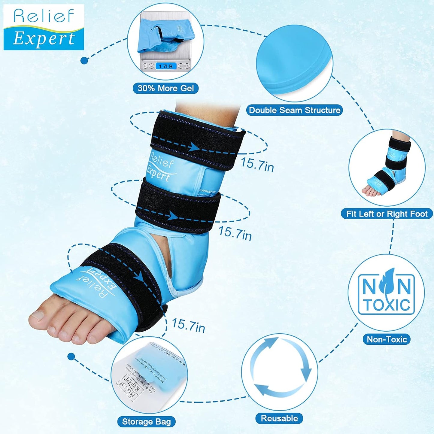 Relief Expert Ankle Ice Pack Wrap – Reusable Cold Gel Pack for Foot and Heel, Dual-Sided Design with Soft Plush Lining, Flexible Cold Compress for Achilles and Ankle Support, Blue