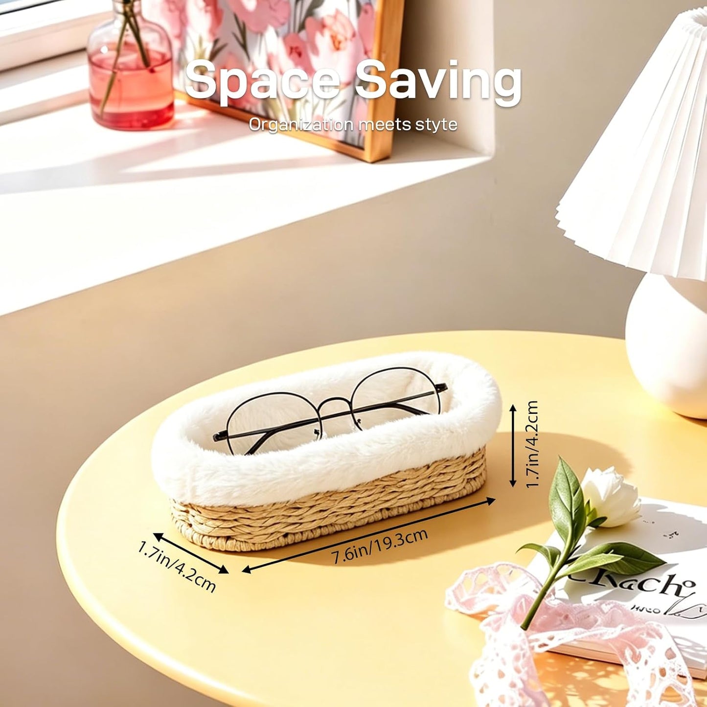 Glasses Holder, Paper Rope Plush Lined Eyeglass Holder Stand, Jewelry Key Tray Storage Organizer for Nightstand, Desk