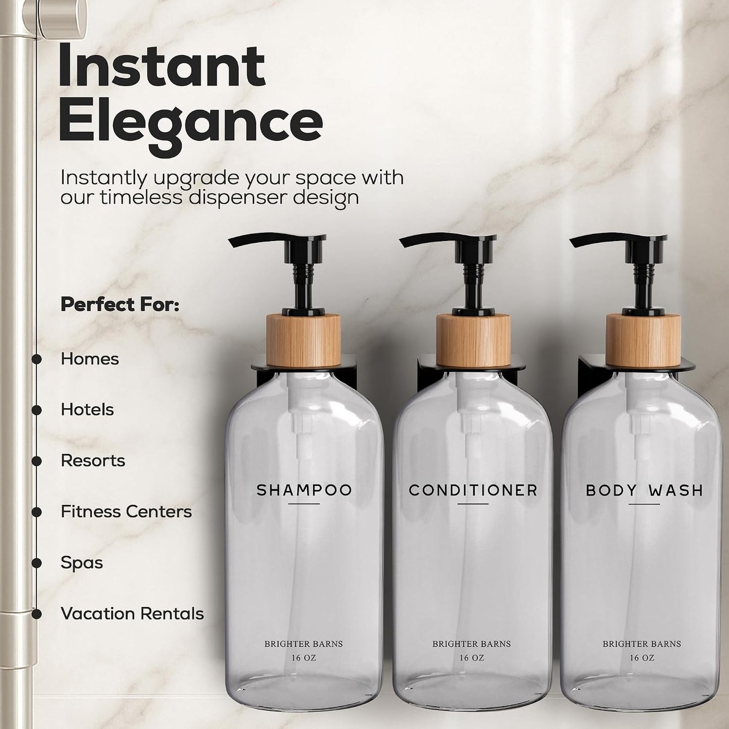 White Shampoo and Conditioner Dispenser Set Wall Mounted by Brighter Barns - Shower Dispenser 3 Chamber No Drill - Refillable Shampoo and Conditioner Bottles for Shower Wall in Airbnb, Hotel (White)