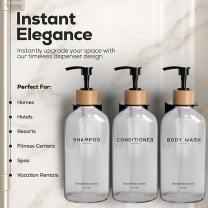 White Shampoo and Conditioner Dispenser Set Wall Mounted by Brighter Barns - Shower Dispenser 3 Chamber No Drill - Refillable Shampoo and Conditioner Bottles for Shower Wall in Airbnb, Hotel (White)