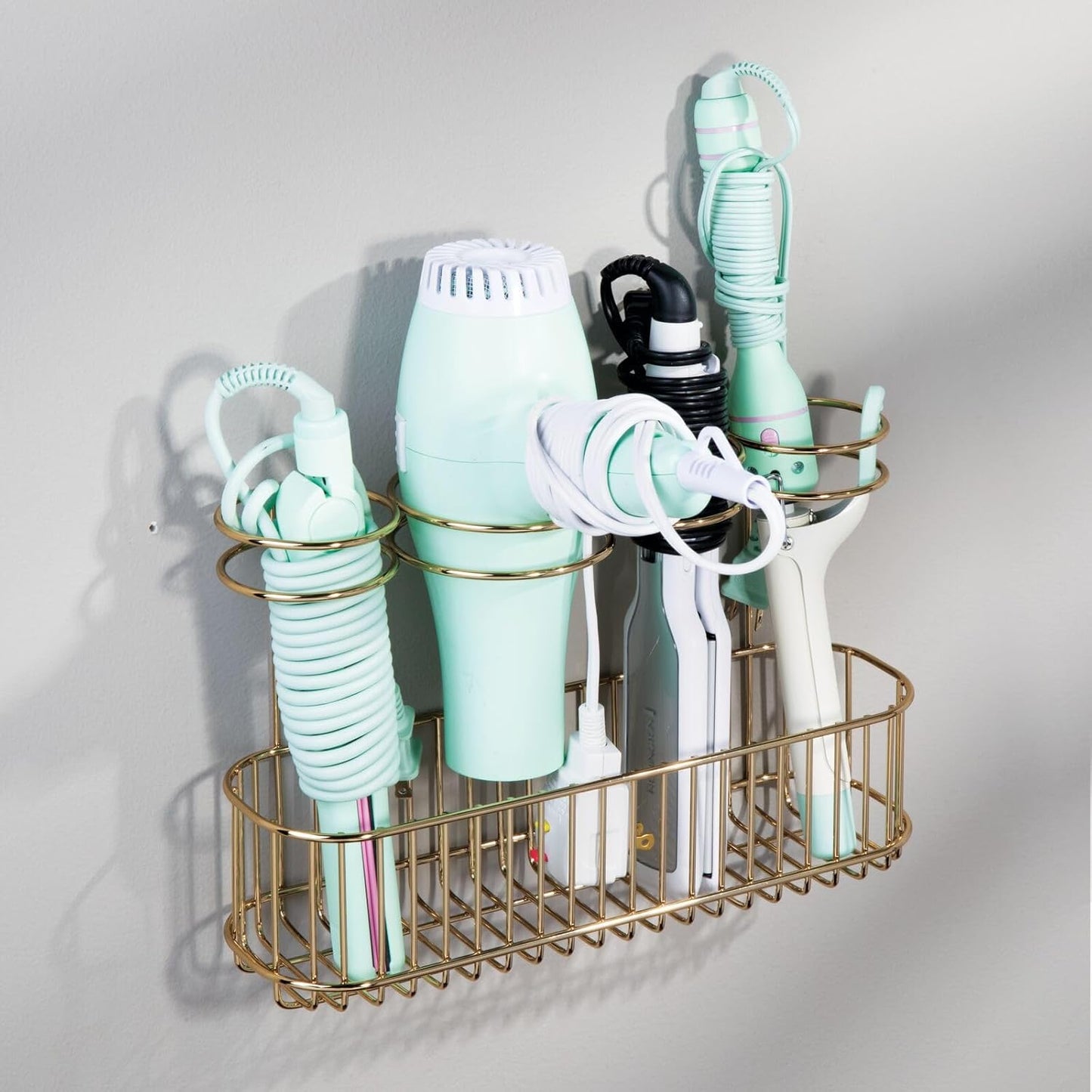 mDesign Hair Dryer Caddy – Wall Mounted Storage Rack with 4 Compartments – Hair Tool Organiser for Dryers, Curling Wands, Straighteners – Brass