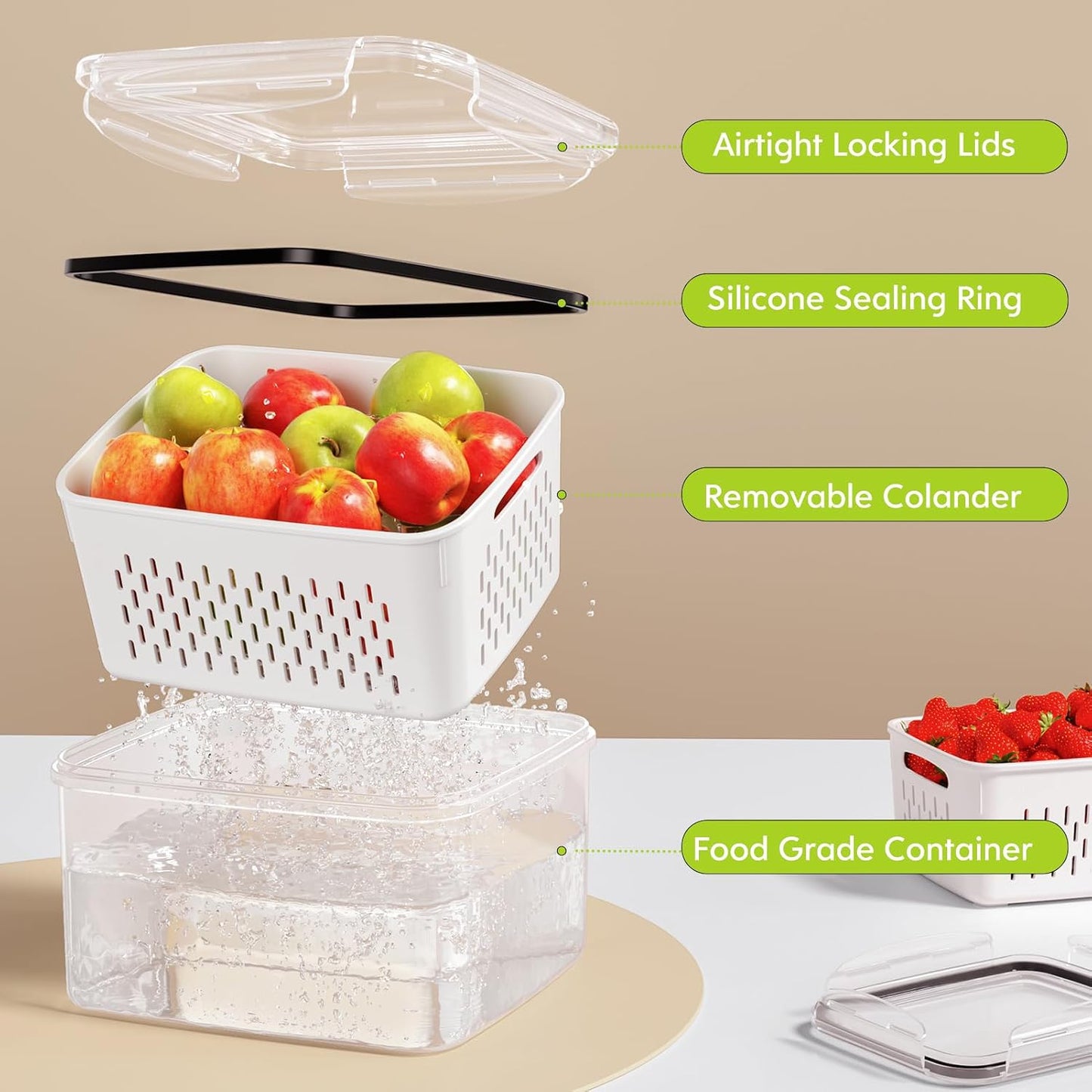 5 Pack Fruit Storage Containers for Fridge, Plastic Fruit Containers Set | with Removable Colanders, Leakproof Fridge Organizers and Storage for Berry Vegetables Salad Lettuce Meat, Dishwasher Safe