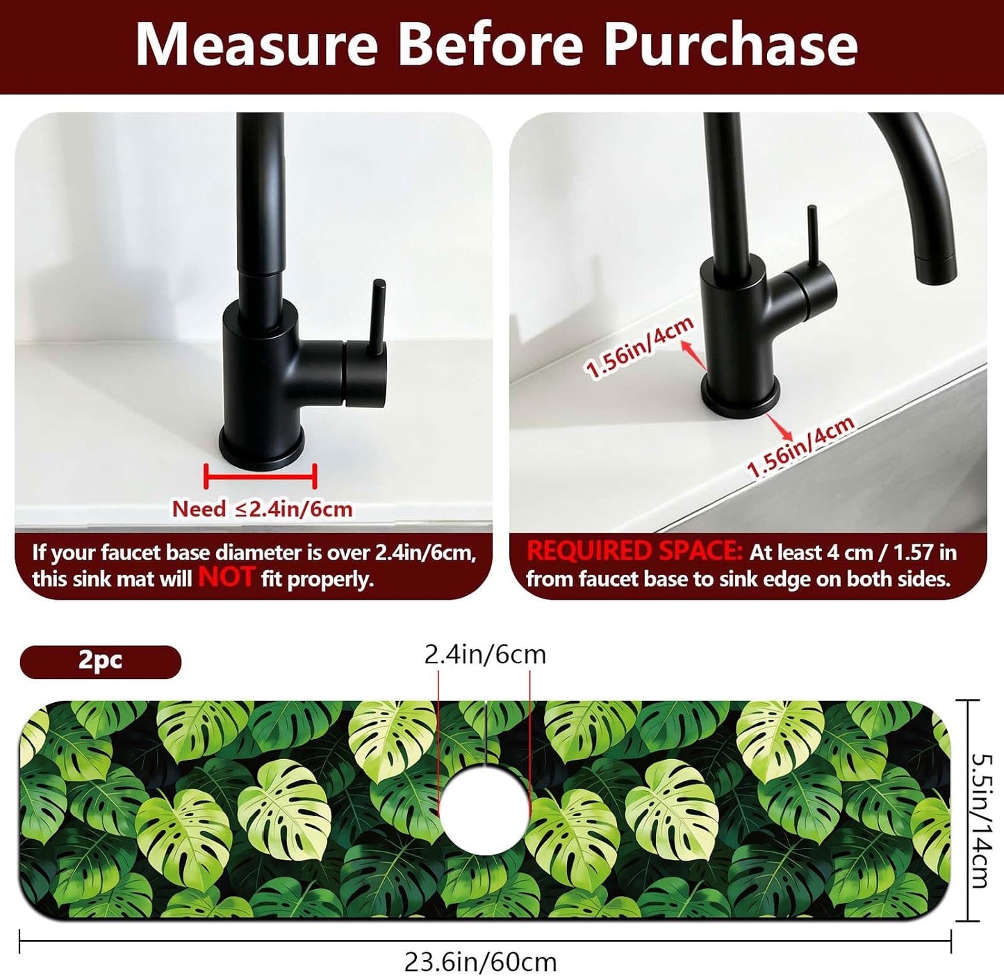 2 Pcs Kitchen Sink Splash Guard Faucet Mat Wood Grain Pattern Faucet Mat for Sinks Natural Wood Color Absorbing Drying Mats for Kitchen Bathroom, 23.6x5.5inch