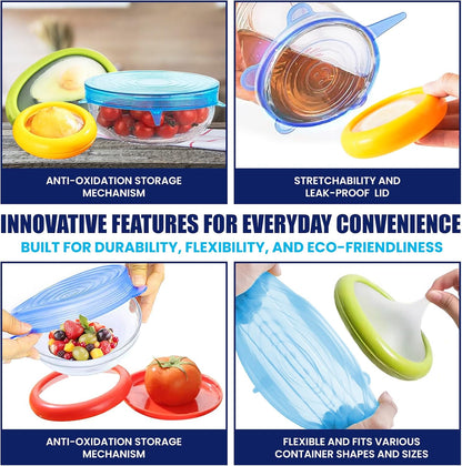 2-in-1 Produce Saver Containers with Silicone Stretch Lids (4 Containers + 6 Lids) – Avocado, Onion, Lemon, Tomato Keeper, Anti-Oxidation Food Storage, Airtight Leakproof Lids for Fridge Organizer