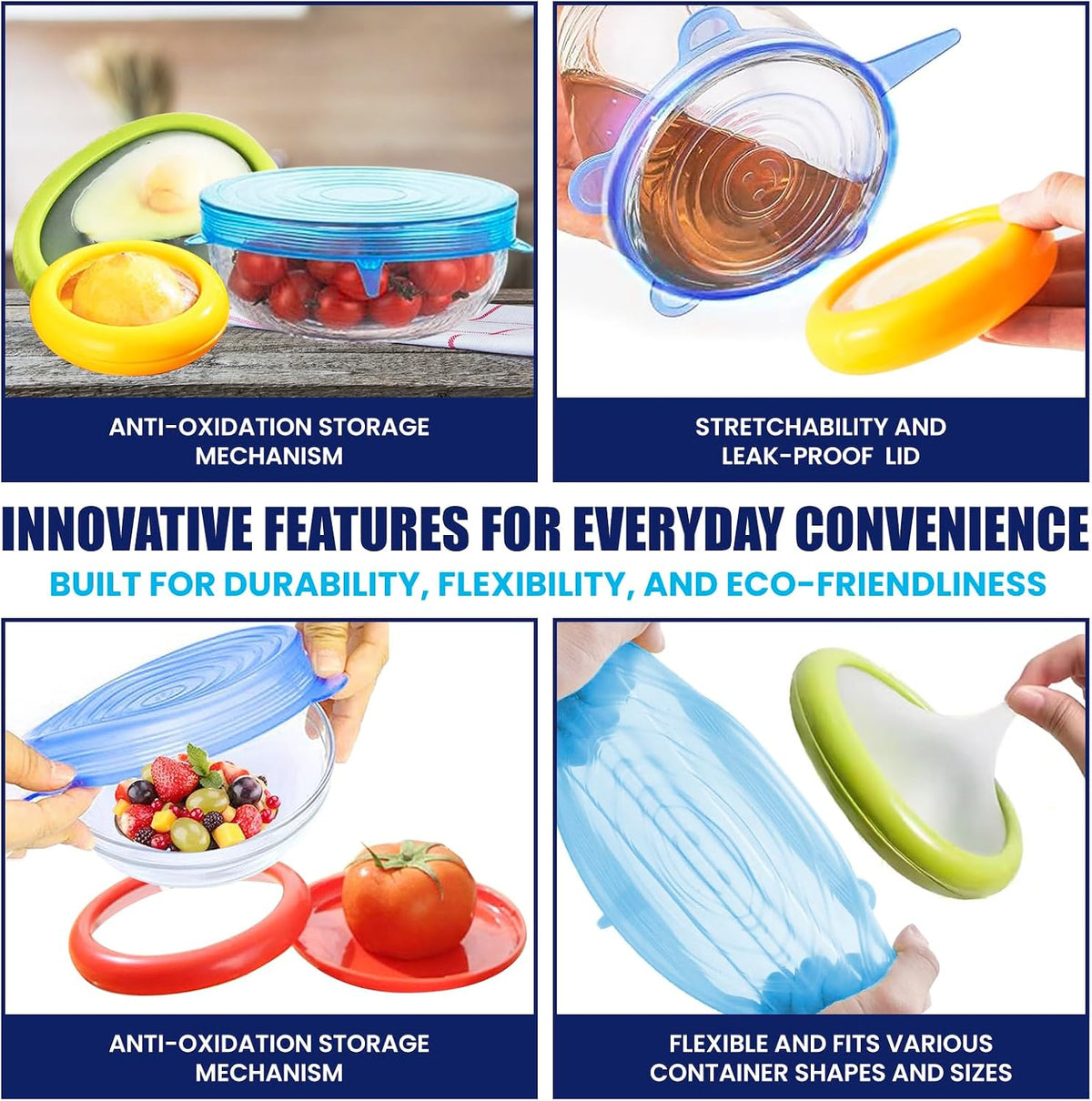 2-in-1 Produce Saver Containers with Silicone Stretch Lids (4 Containers + 6 Lids) – Avocado, Onion, Lemon, Tomato Keeper, Anti-Oxidation Food Storage, Airtight Leakproof Lids for Fridge Organizer